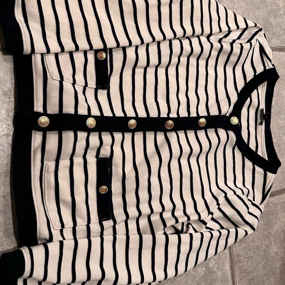 Talbots Navy and Cream Striped Cardigan with Gold Buttons